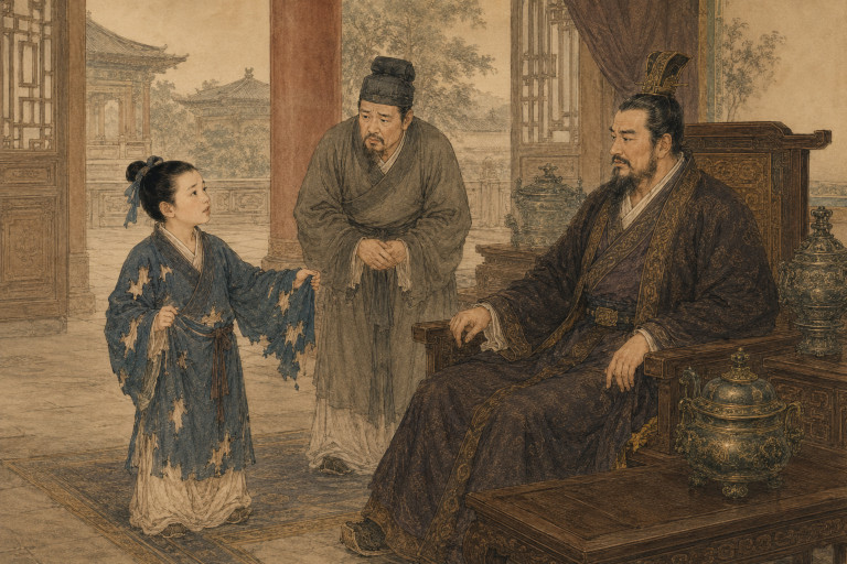 AI-generated image of young Cao Chong showing his damaged robe to Cao Cao as an attendant looks on.