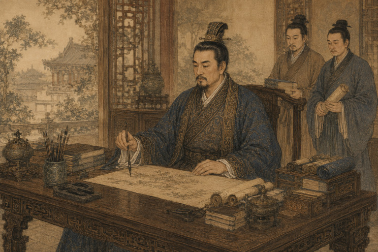 AI-generated image of Cao Pi writing at a scholar’s desk surrounded by books, scrolls, brushes, and attendants.