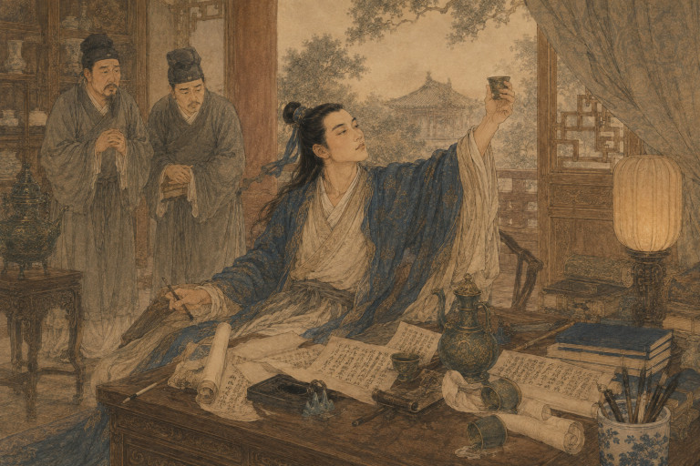AI-generated image of Cao Zhi drinking wine at a writing desk surrounded by scrolls and attendants.