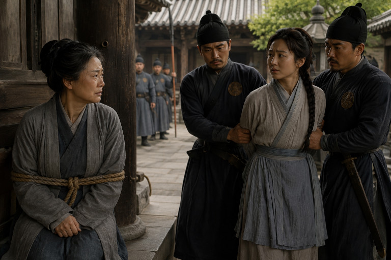 AI-generated image of Chinese officials arresting a young woman while her mother, already bound and detained nearby, looks toward her with concern.
