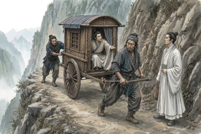 Seeing a frail-looking traveler alone on the dangerous mountain road, the scholar asked the reluctant cart drivers to let him ride with them.