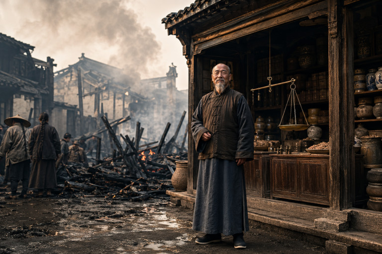 AI-generated image of an intact Qing Dynasty shop surrounded by burned buildings, smoking ruins, and townspeople examining the destruction.