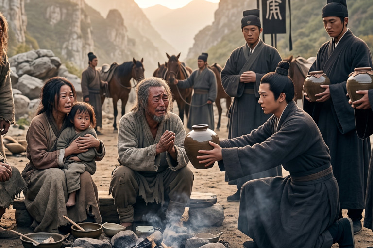 AI-generated image of mountain dwellers reacting with gratitude as attendants present them with jars of wine in a mountain camp.
