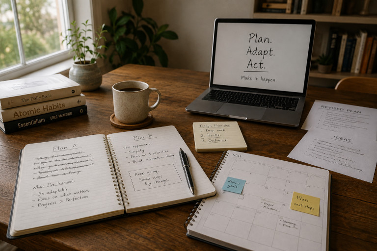 AI-generated image of a notebook, planner, and laptop open on a desk with inspirational notes.