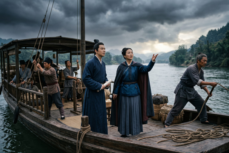 By recognizing signs of an approaching storm, Li Shuzhen helps the travelers avoid danger on the Zangke River.
