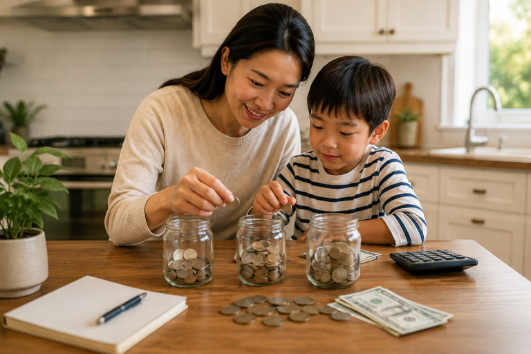 AI-generated image of a mother teaching her young son about saving and spending money using coins and jars.