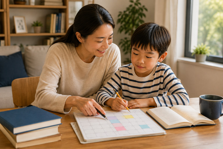 AI-generated image of a mother and young son reviewing schoolwork and a calendar together at a table.