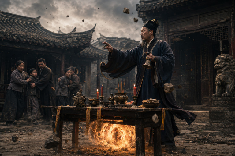 AI-generated image of a Taoist priest performing a ritual beside an altar as a fireball burns beneath it and stones fly through a traditional Chinese courtyard.