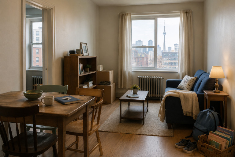 AI-generated image of a small apartment with mismatched furniture and a view of the CN Tower in Toronto.