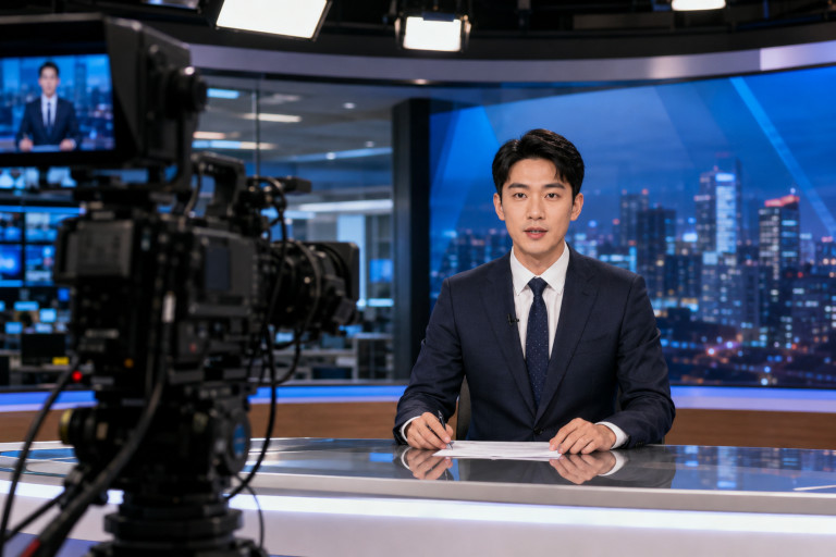AI-generated image of a television news anchor seated at a desk in a studio with a camera pointed at him.