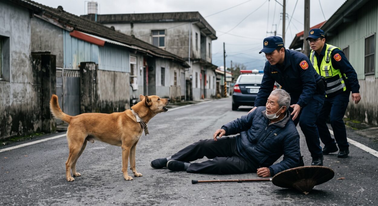 Guided by Ai Ai’s loud cries, the patrolling officers arrived at the scene to find a walking cane, a straw hat, and personal items scattered across the road. Nearby, they discovered the elderly man lying on the cold ground, weakly calling for help.