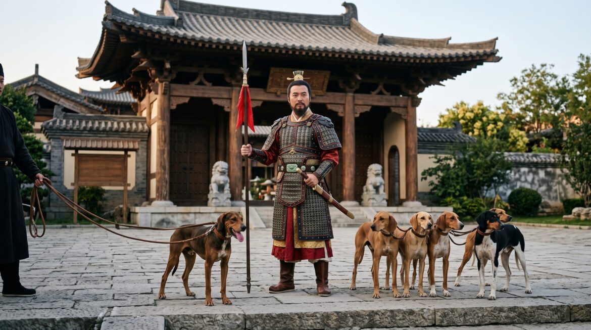 AI image of a Chinese officer with his hunting dogs.