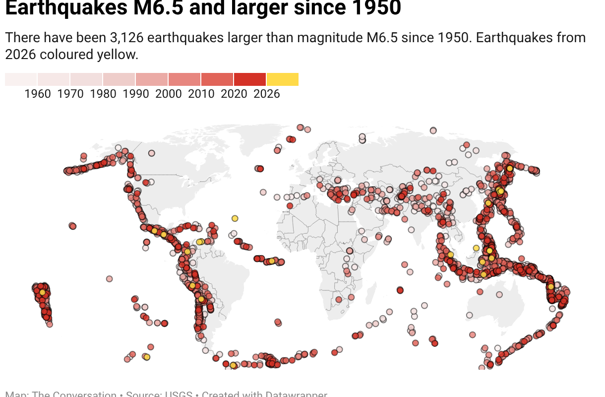 Earthquakes M6.5 and larger since 1950.