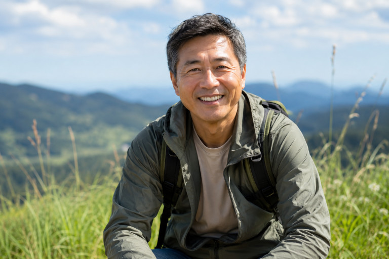 AI-generated image of a smiling middle-aged man outdoors in a grassy mountain setting.