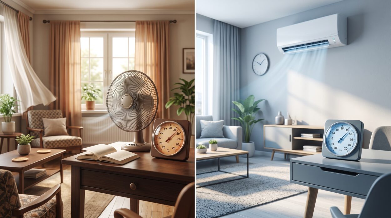 Air conditioner vs. fan: Two machines that do completely different jobs.