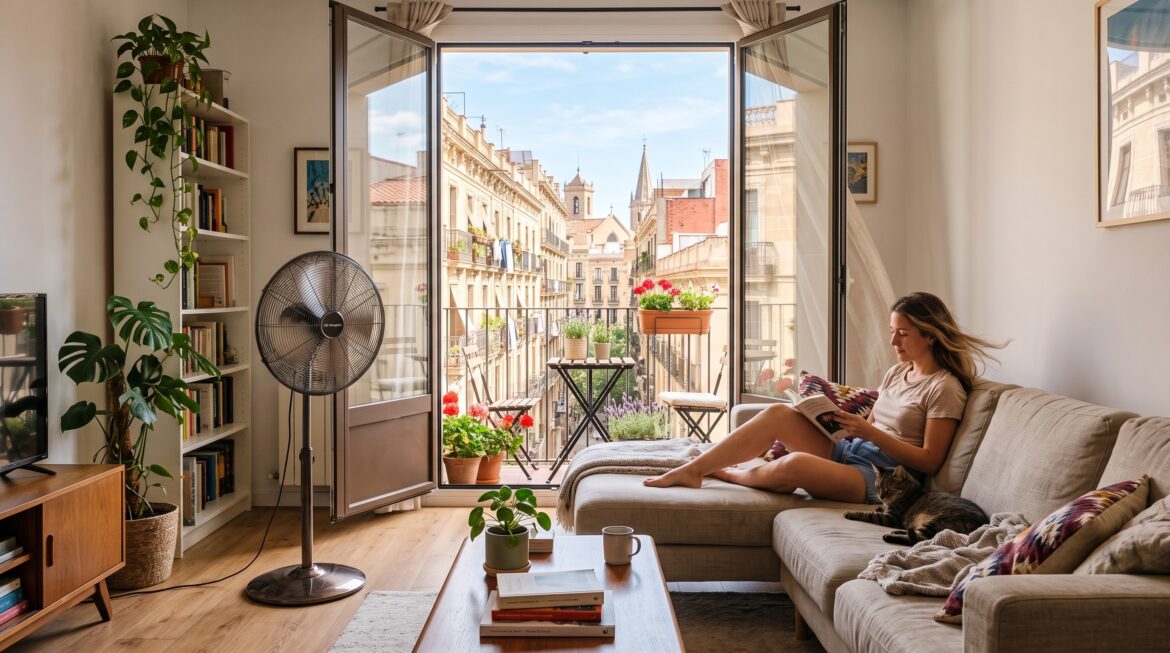 A room being cooled by a fan.
