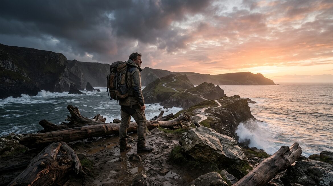 A hiker facing rough terrain.