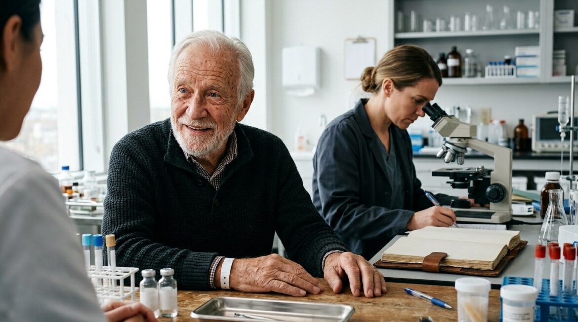 An elderly gentleman in a clinical lab.
