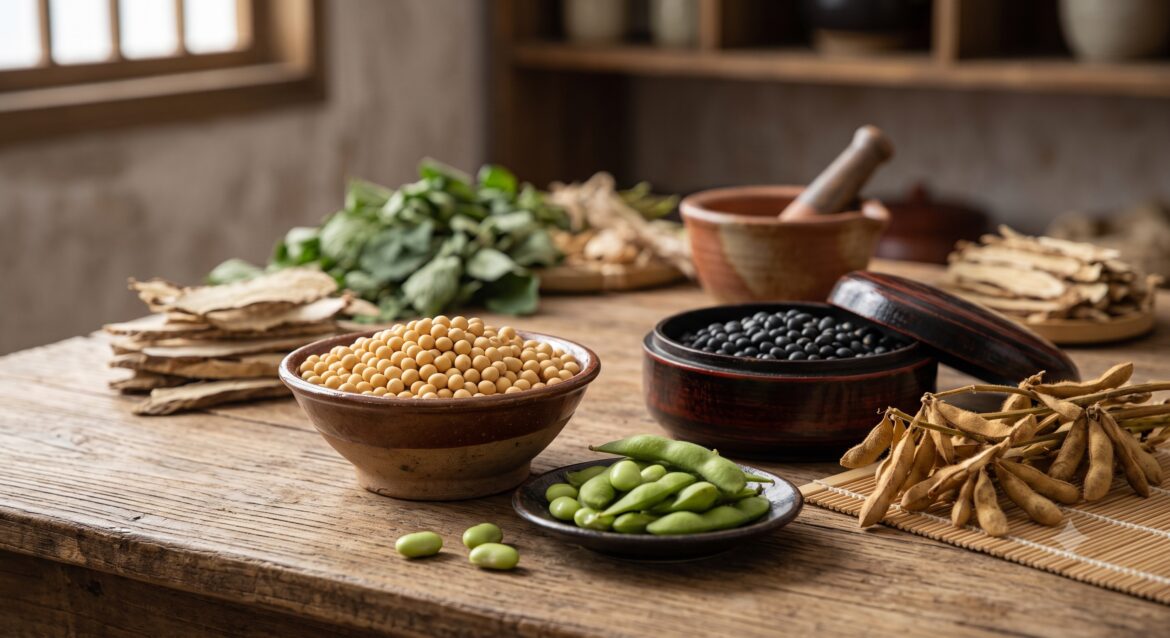 A bowl of soybeans and other legumes.
