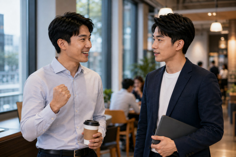 AI-generated image of two men talking indoors as one smiles and celebrates good news.