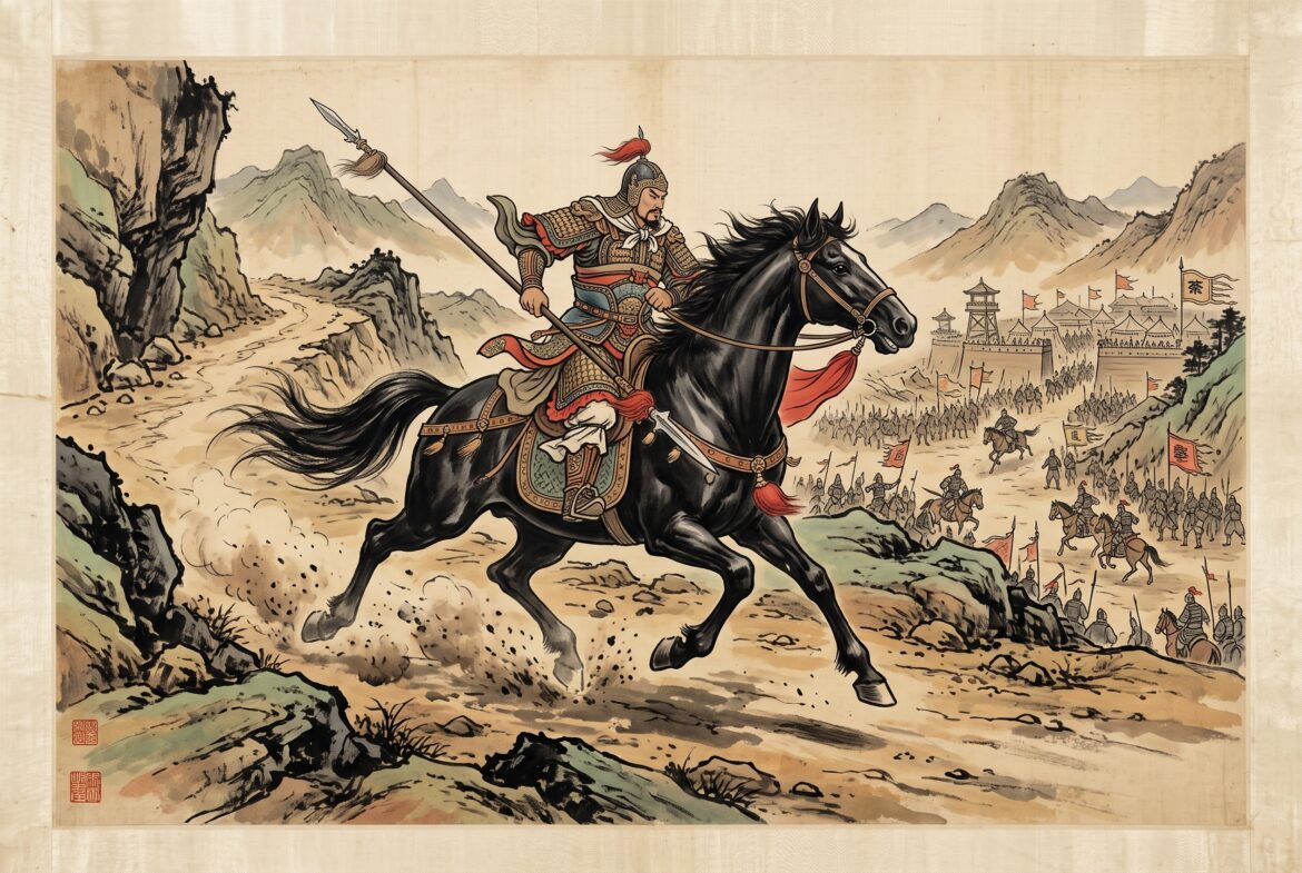 Yue Fei with a spear on his horse.