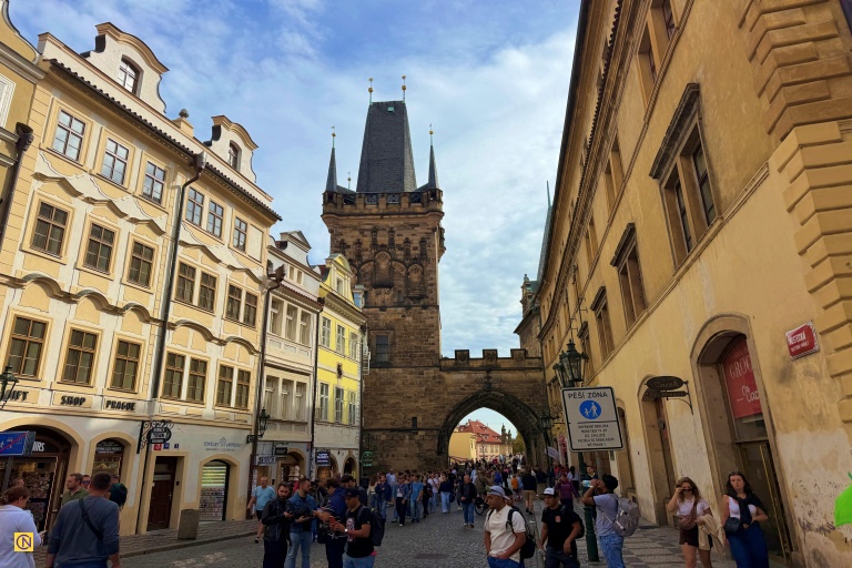 The two Gothic towers on Lesser Town side of Charles Bridge.