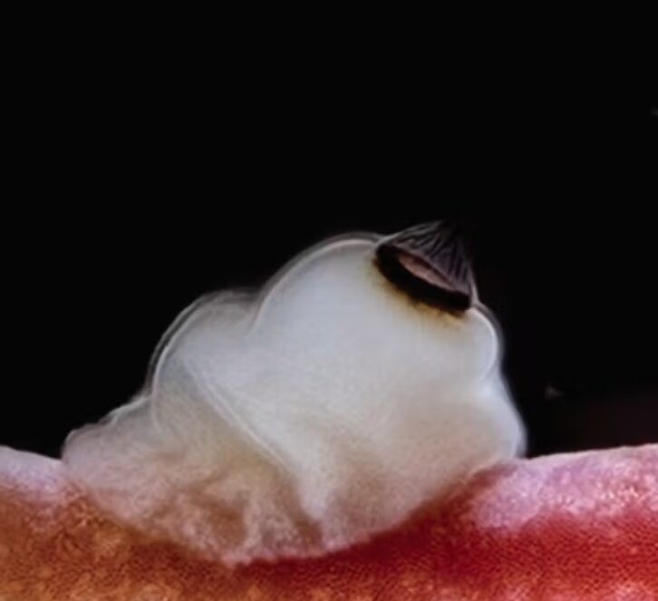 A sea sponge larva in the middle of metamorphosis.