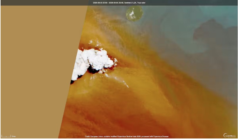 Partial satellite image of Anak Krakatau erupting on September 5, 2026. 
