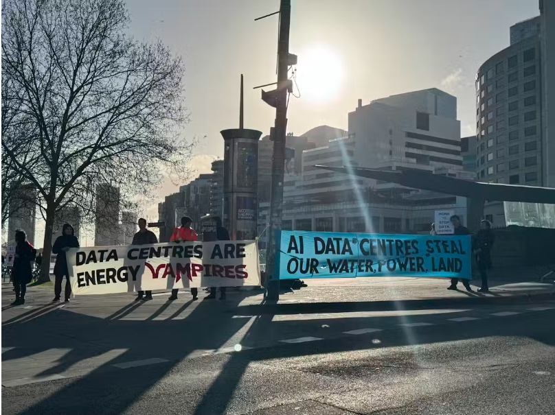 The economic benefits of data centers are largely national or international, but environmental impacts are felt locally. Pictured: protesters against data centers in Melbourne in early September.