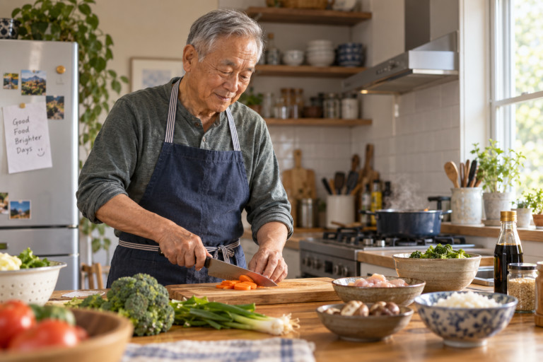 AI-generated image of an older East Asian man preparing a simple meal in a sunlit home kitchen.