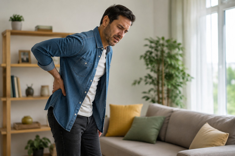 AI-generated image of a man standing in a living room with one hand on his lower back as he experiences back pain.