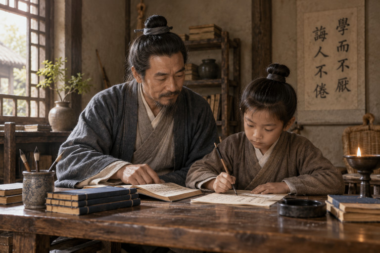 AI-generated image of an older Chinese gentleman in ancient clothing studying with his young son at a wooden table in a modest home.