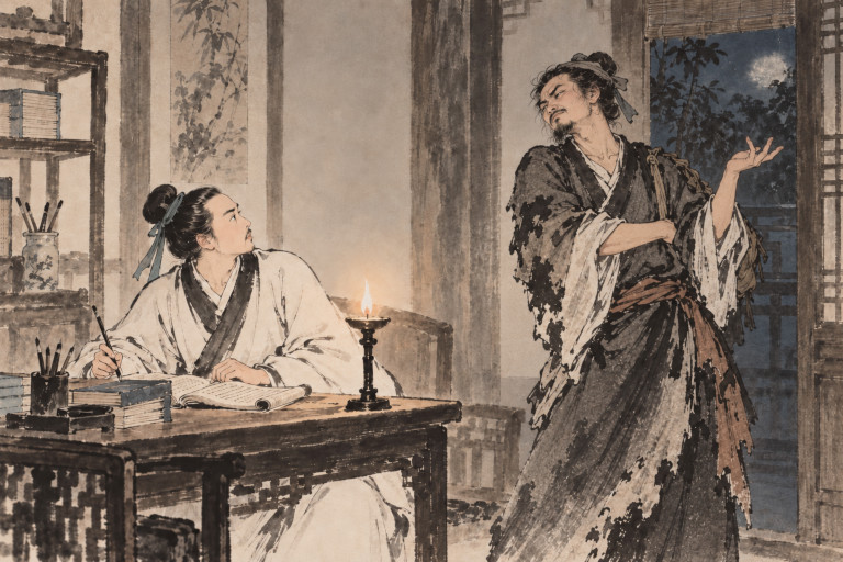 AI-generated image of a disdainful thief reciting a passage from memory to a surprised Zeng Guofan in a candlelit study.