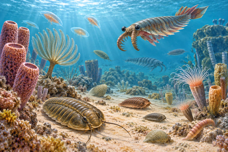 AI-generated image of diverse marine life during the Cambrian explosion, including trilobite-like creatures, sponges, and other early ocean animals.