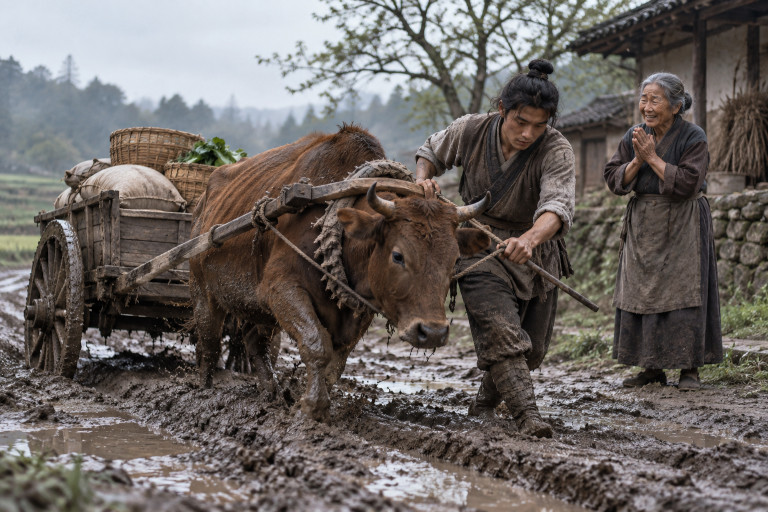 AI-generated image of a young farmer guiding an ox pulling an elderly woman’s wooden cart from a muddy rut.