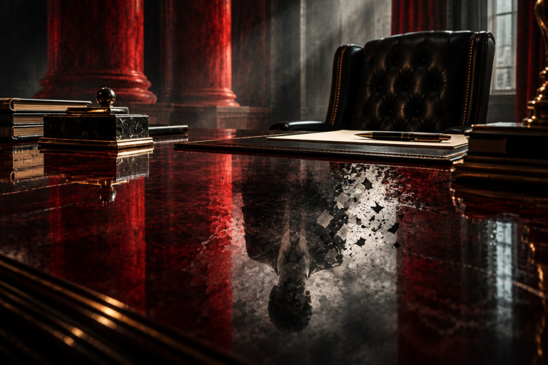 AI-generated image of an empty senior official’s desk with a fading human reflection dissolving across its polished surface.