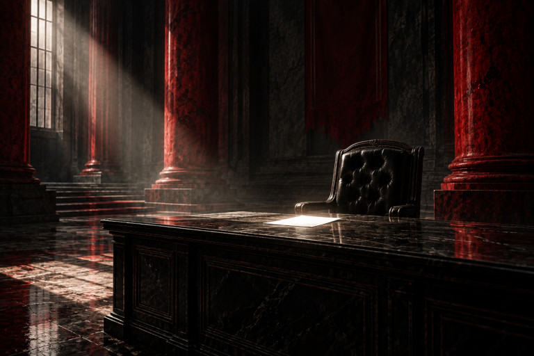 AI-generated image of an empty senior official’s chair and desk with a single illuminated sheet of paper in a dark institutional hall.