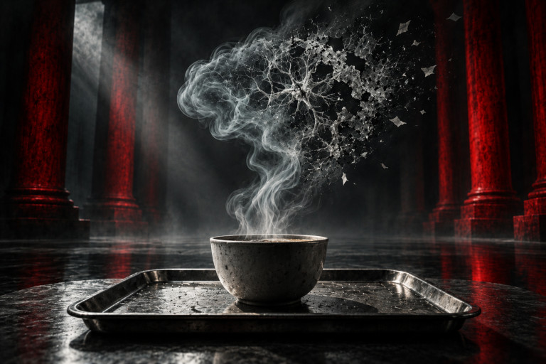 AI-generated image of a plain cup on a metal tray, with steam forming a fragmented brain-like network above it.