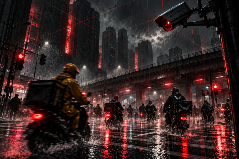 AI-generated image of food delivery riders traveling through a rain-soaked Chinese city beneath a prominent surveillance camera.