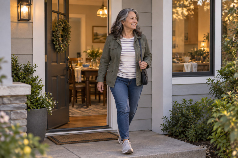 AI-generated image of a middle-aged woman stepping outside for a walk after a meal, with the dining table visible behind her.
