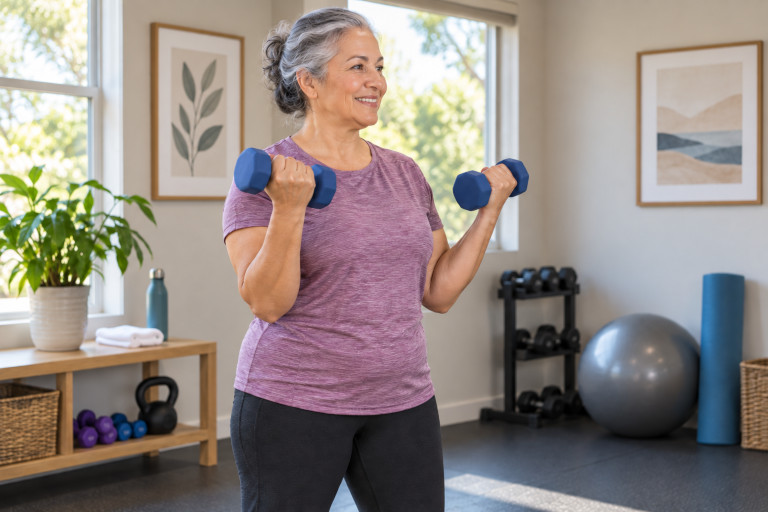 AI-generated image of an older woman performing dumbbell curls in a bright home exercise space.