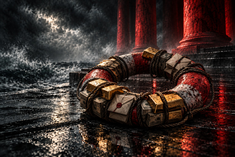 AI-generated image of a battered life preserver bound with gold bars, money, documents, and sealed envelopes beside stormy water.