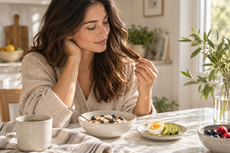AI-generated image of a woman gently examining the ends of her hair while sitting at a table with a nutritious breakfast.
