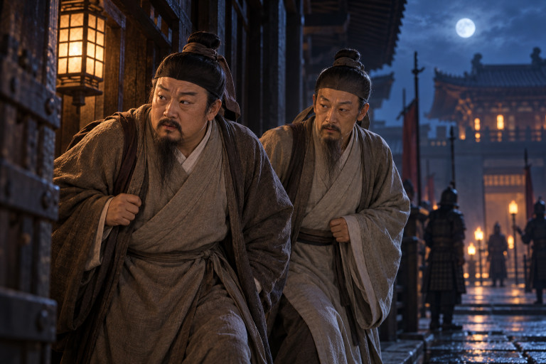 AI-generated image of Fang Xuanling and Du Ruhui disguised in simple Daoist robes as they secretly enter Li Shimin’s residence at night.