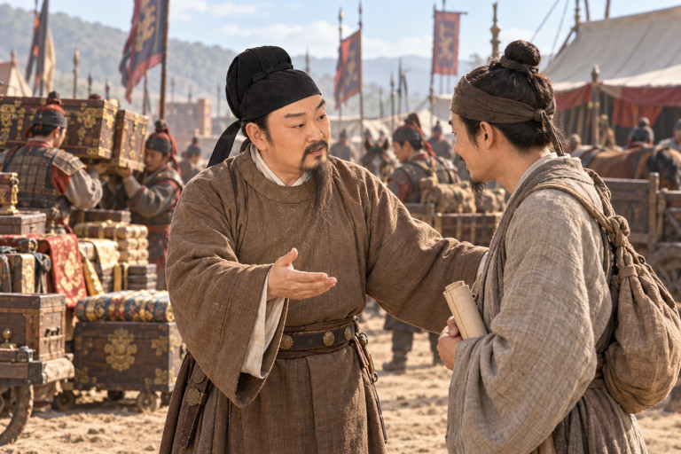 AI-generated image of Fang Xuanling speaking with a plainly dressed scholar in a Tang military camp while soldiers carry captured valuables in the background.