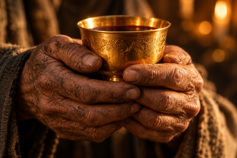 AI-generated image of weathered hands holding a gleaming gold cup.