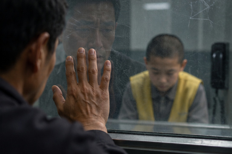 AI-generated image of a father pressing his hand against detention-center glass while his young son sits on the other side.