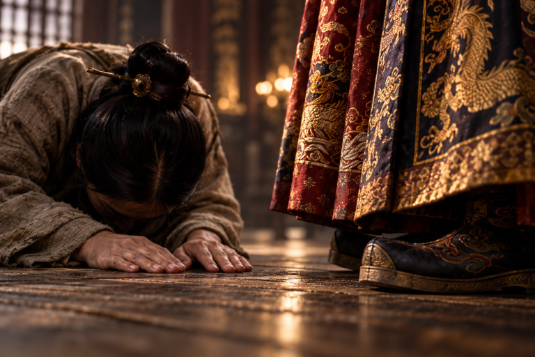 AI-generated image of a woman bowing deeply before a richly dressed official.