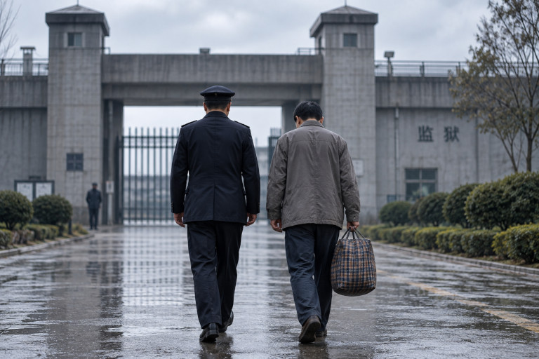 AI-generated image of a prison guard walking beside a newly released prisoner carrying his belongings away from a prison compound.