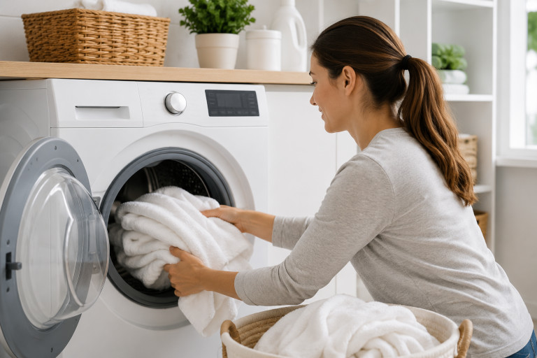 AI-generated image of a woman loading white towels into a front-loading washing machine in a bright laundry room.